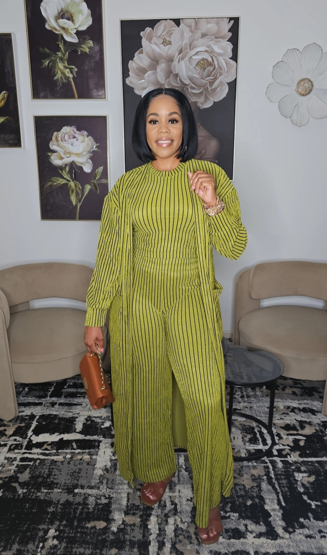 Autumn Striped 3 piece Cardigan Set Olive
