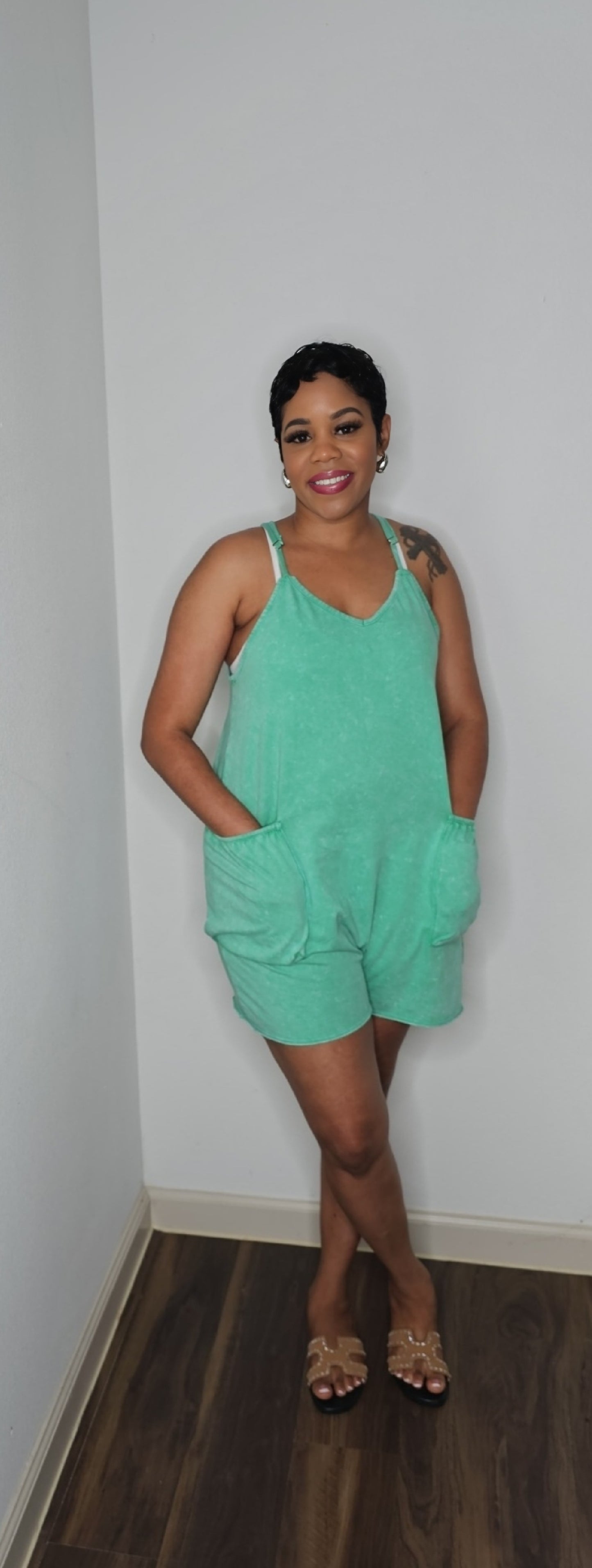 Kami Acid Wash Romper Green