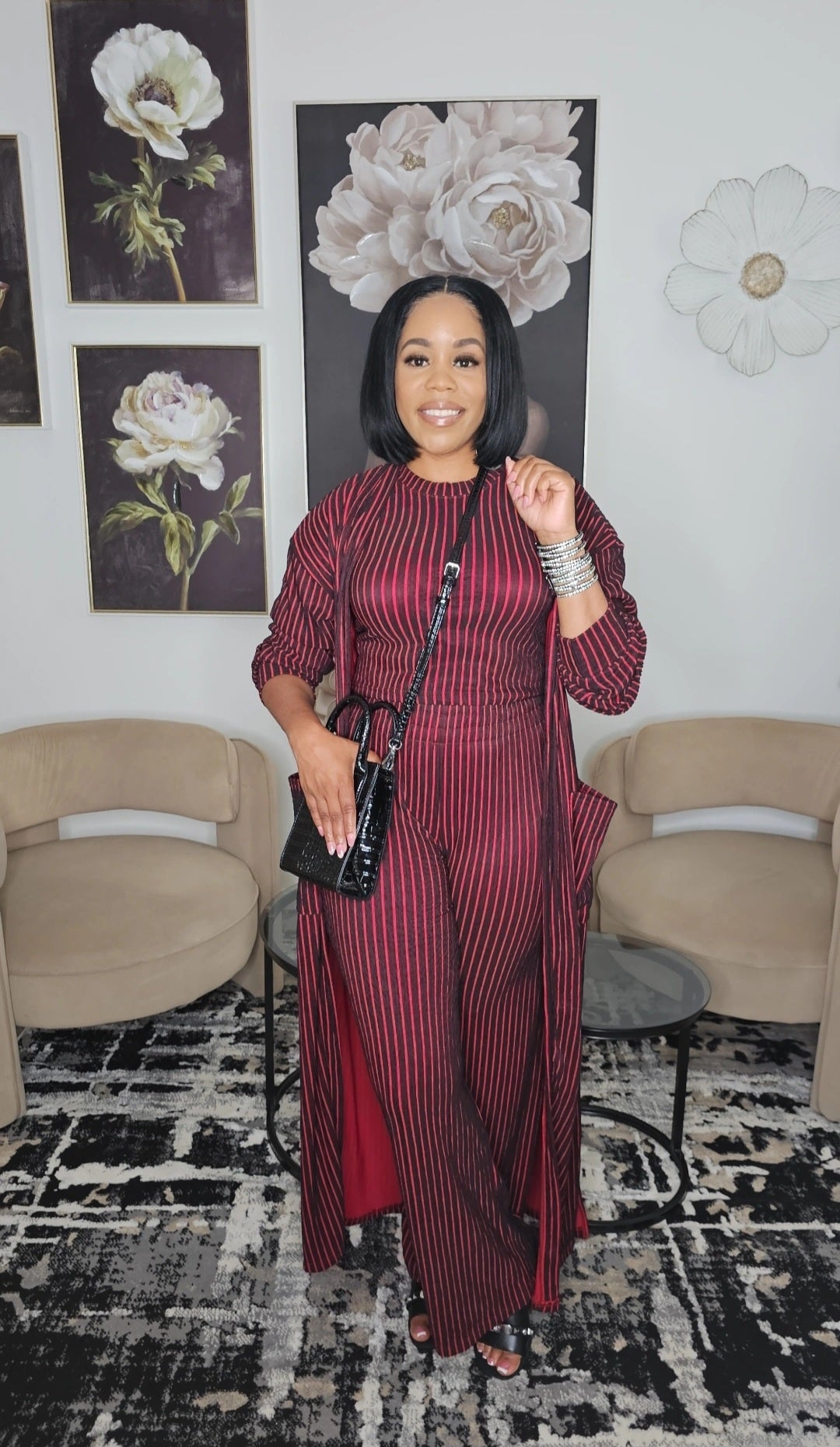 Autumn Striped 3 piece Cardigan Set Red