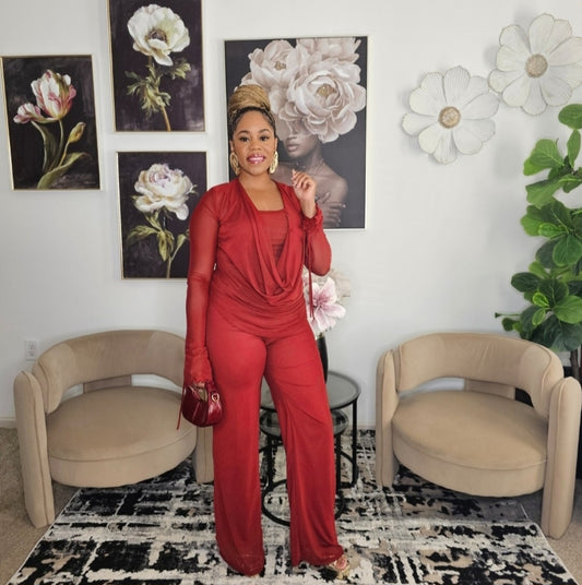 Maroon Draped Mesh Set (Tall Girl Friendly, Stretchy)