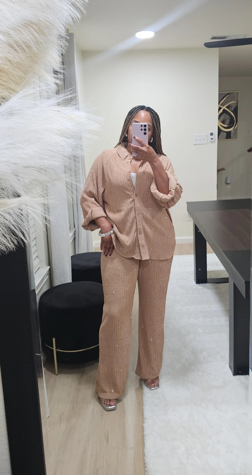 Prance and Shimmer Crystal Longsleeve Set Tan (Tall Girl Friendly, Can Size Down)