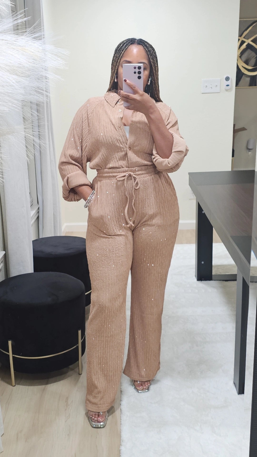 Prance and Shimmer Crystal Longsleeve Set Tan (Tall Girl Friendly, Can Size Down)