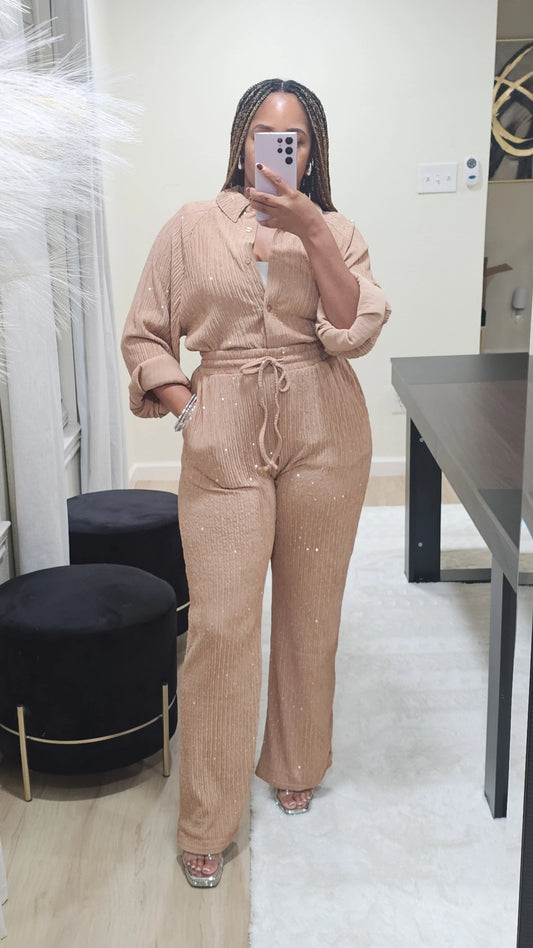 Prance and Shimmer Crystal Longsleeve Set Tan (Tall Girl Friendly, Can Size Down)